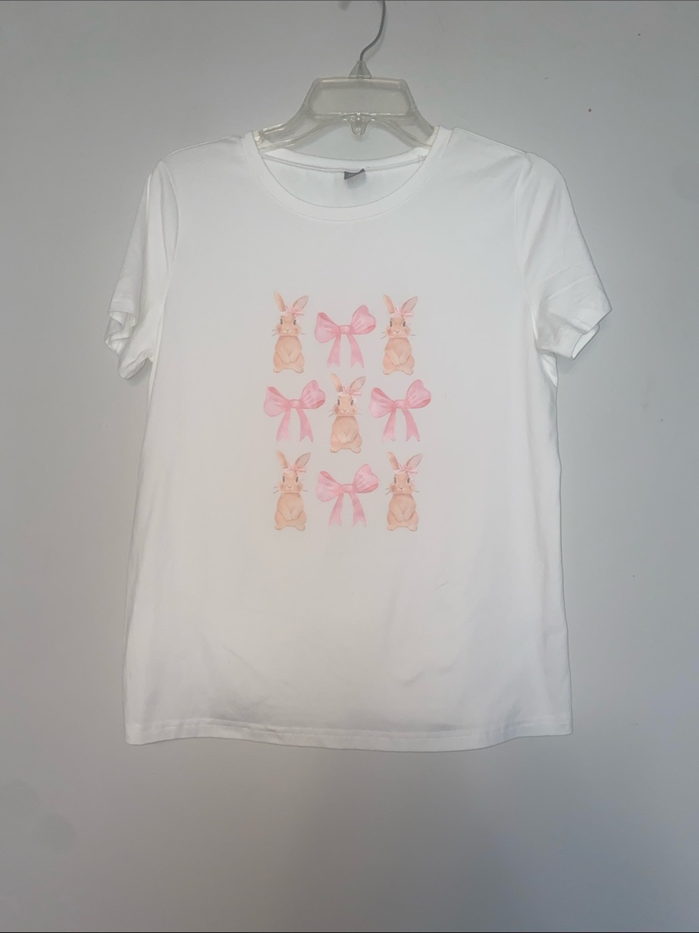 SHEIN White Short Sleeve Tee with Pink Bunny & Bow Grid